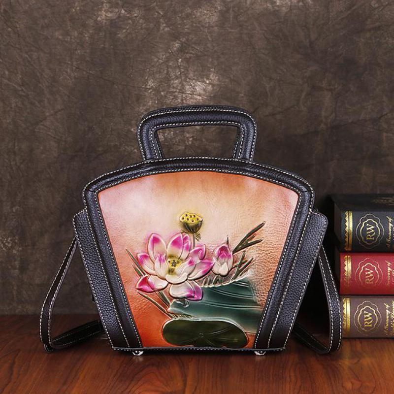 Johnature Vintage preget første lag kuskinn dameveske Luksus håndveske Håndmalte Lotus Skuldervesker for kvinner