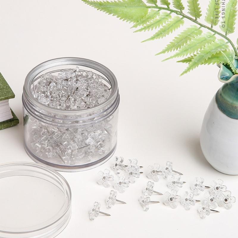 100Pcs Clear Flower Head Push Pins for Display Picture Note Memos Poster Cork Notice Board Pins Decorative Thumb Tacks