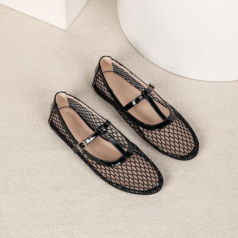 Fishnet Ballet Flats for Women Comfort Dressy Shoes With Ankle Strap Summer Round Closed Toe Mary Jane Shoes Women's Casual Non-Slip Mary Jane Flats