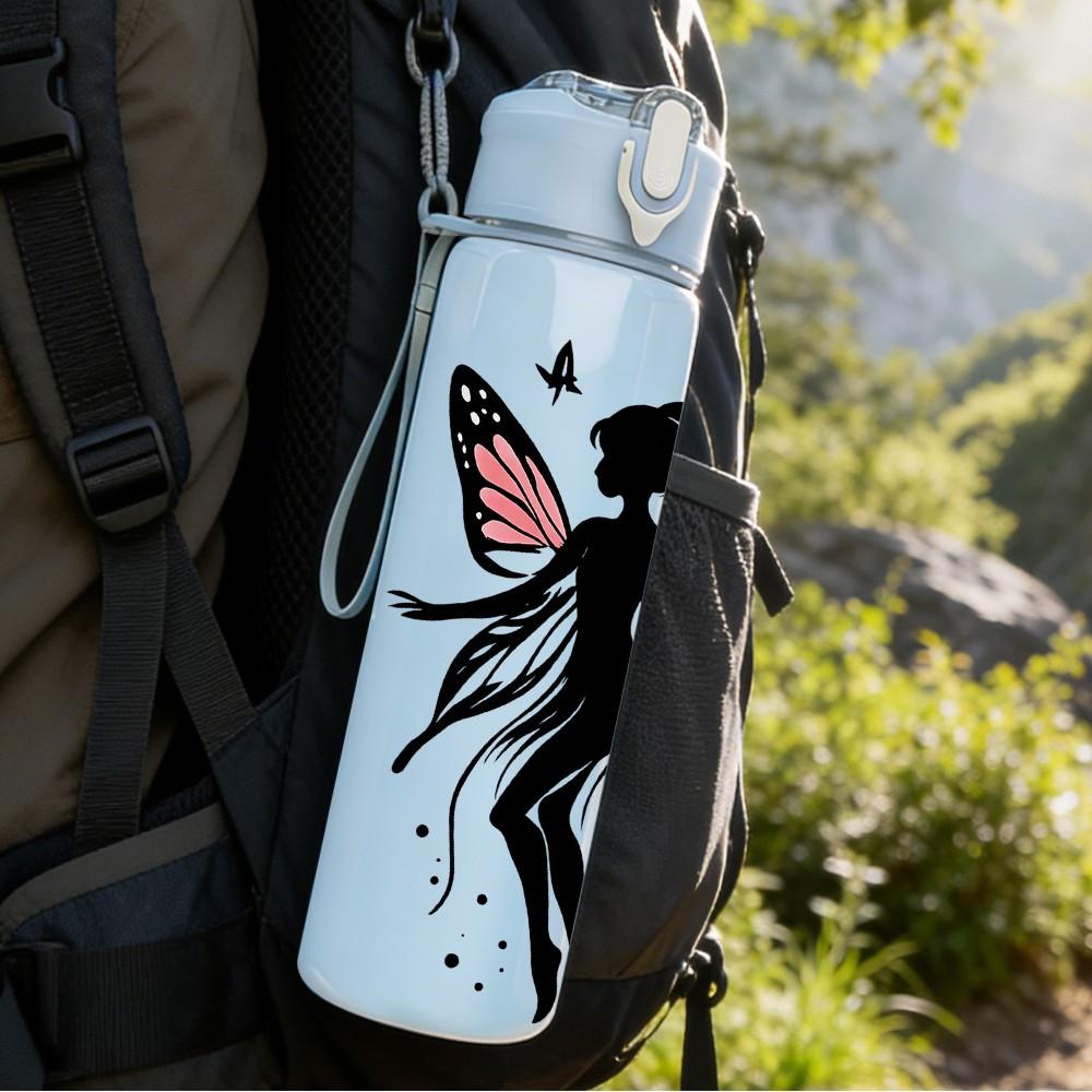 1PC Colorful Butterfly Fairy Wing Pattern 750ml Color Plastic Sports Water Bottle Leakproof Flip Straw Lid Suitable for Sports Office Home Use