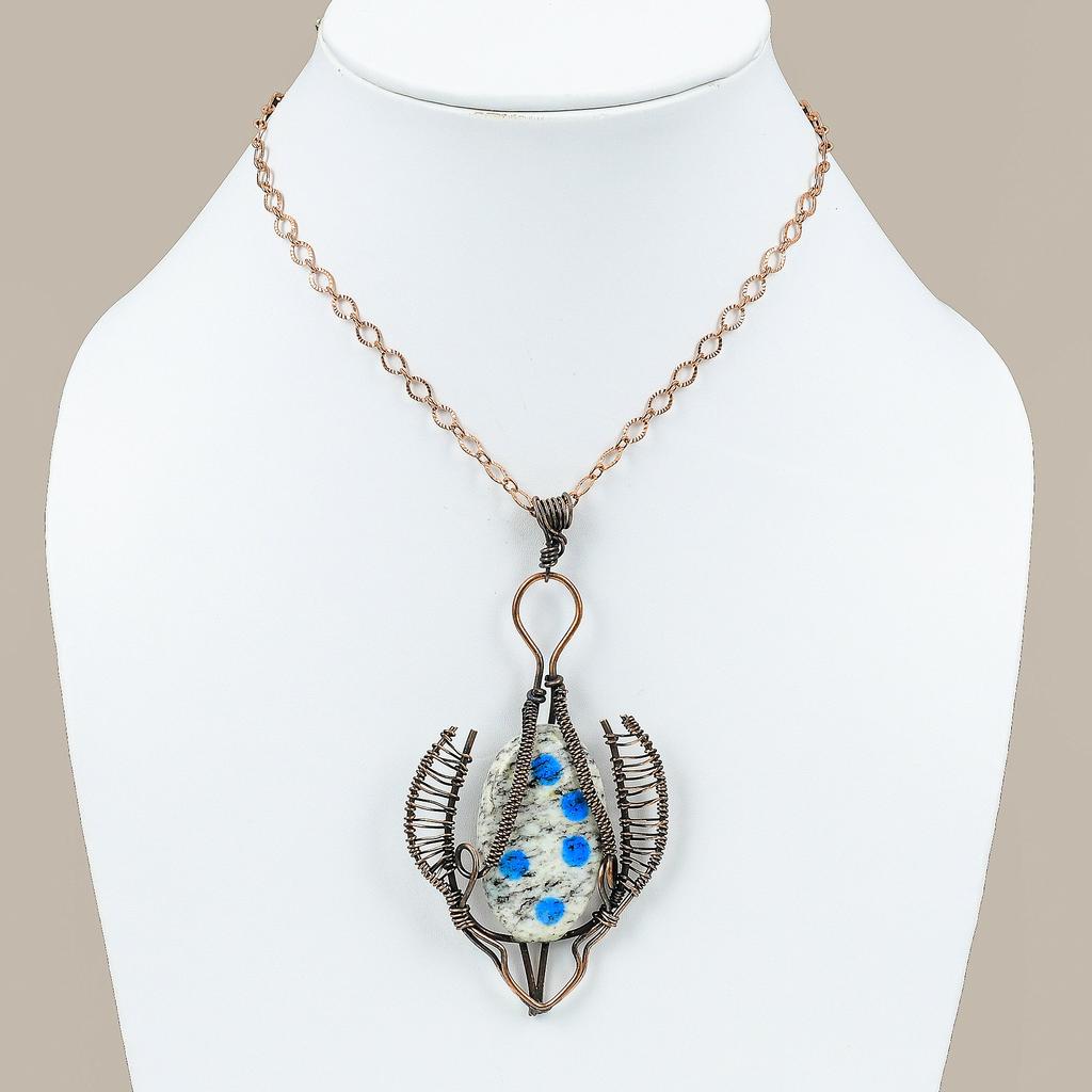 K2 Blue Azurite Handmade Copper Wire Wrap Jewelry Pendant 3.98" l5W67