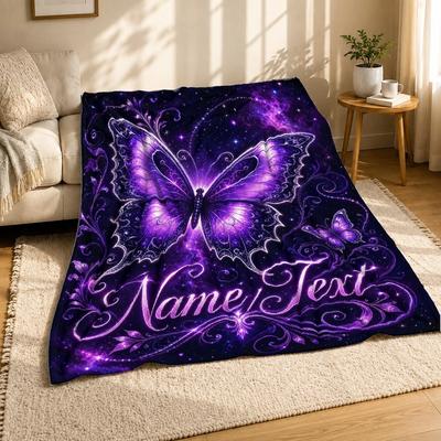 Purple Butterfly With Name Text Coral Fleece Blanket