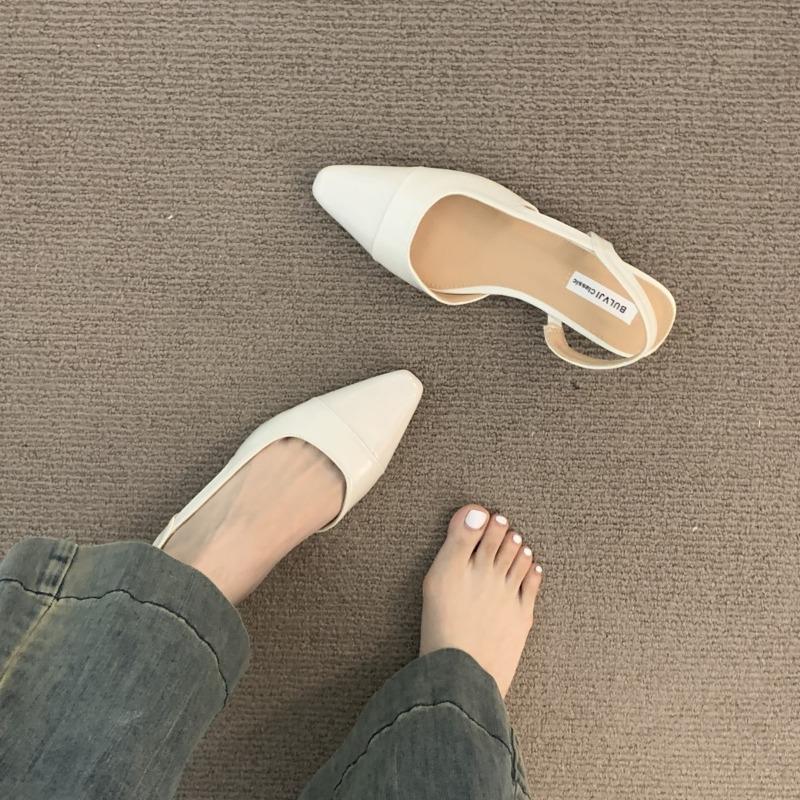 Low-heeled bag head sandals female gentle evening nude pointed lady thick heel empty temperament single shoes