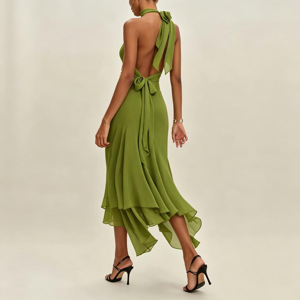 European and American women's clothing temperament halter neck hip wrap slim irregular ruffle edge dress