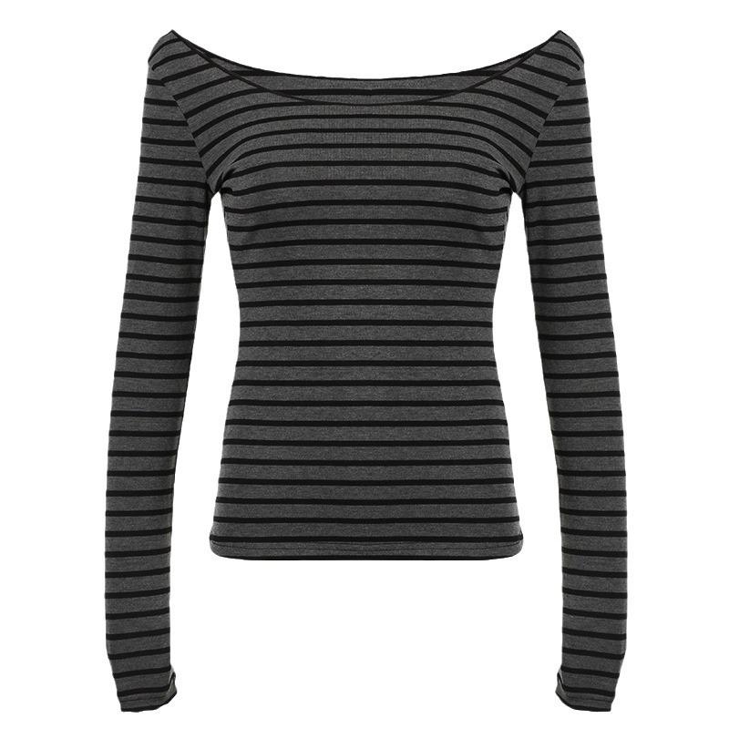 Europäische und amerikanische gestreifte leichte und dünne vielseitige Bluse mit großem Rundhalsausschnitt, kontrastfarben und figurbetont, kann ein schulterfreier Pullover sein, gestrickt