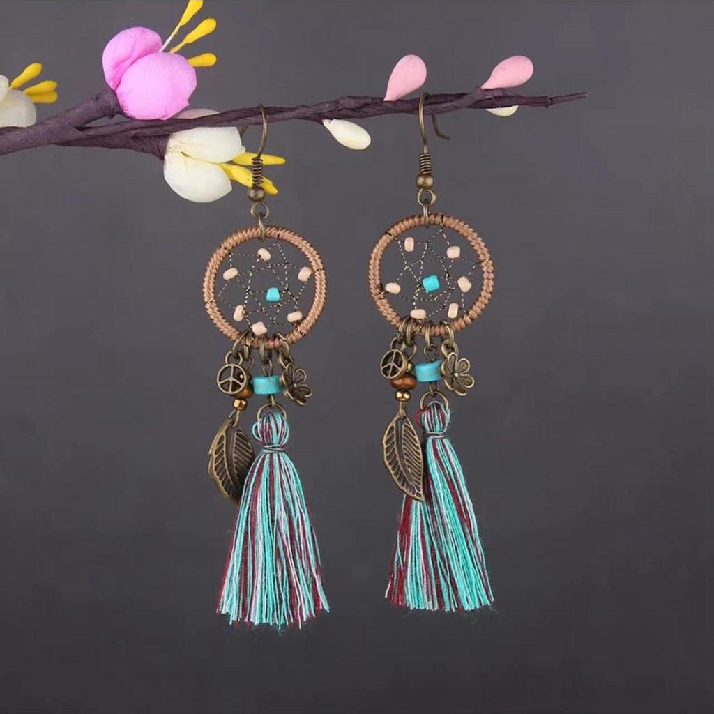 Bohemian Turquoise Owl Dream Catcher Tassel Earrings for Women