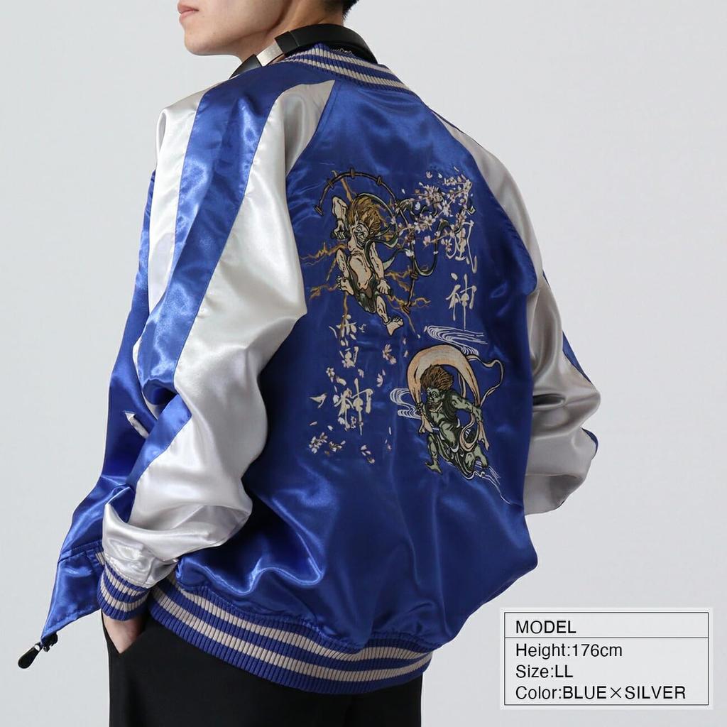 [Yoshida Yu] Sukajan Raijin Fujin Satin Casual Jacket (Blue X Silver, Size LL)