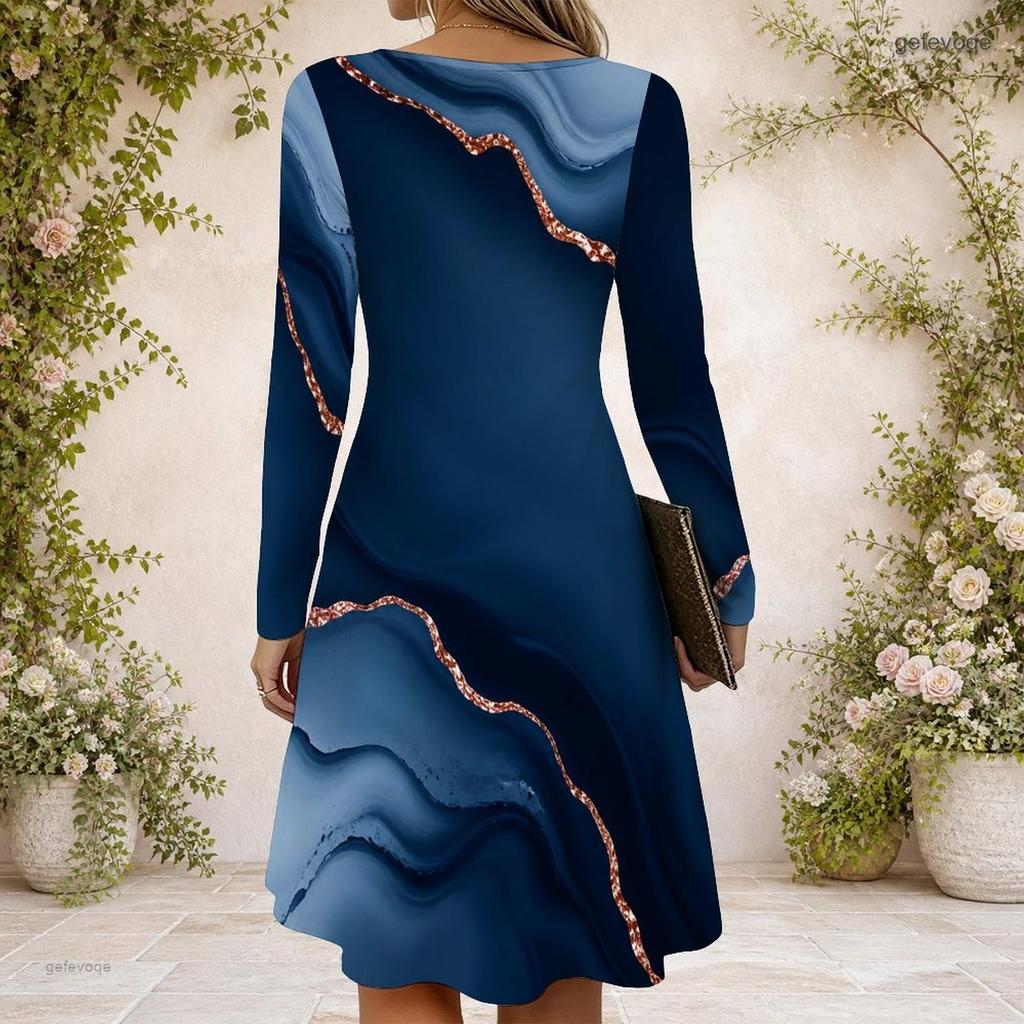 Women Criss Cross V Neck Long Sleeve Blue Gold Marble Printed Fitted Curved Hem Dress