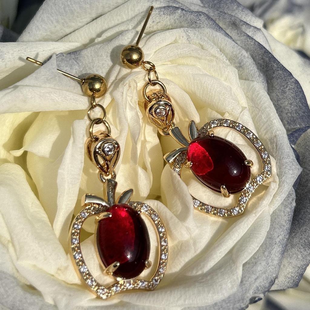 Elegant Red Apple Zircon Pendant Earrings - European and American Style, Stainless Steel