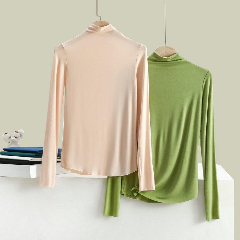 Women Bottoming Tshirt Autumn Winter Mock Neck Slim Tee Shirt Solid Basic All Match Tops Undershirt
