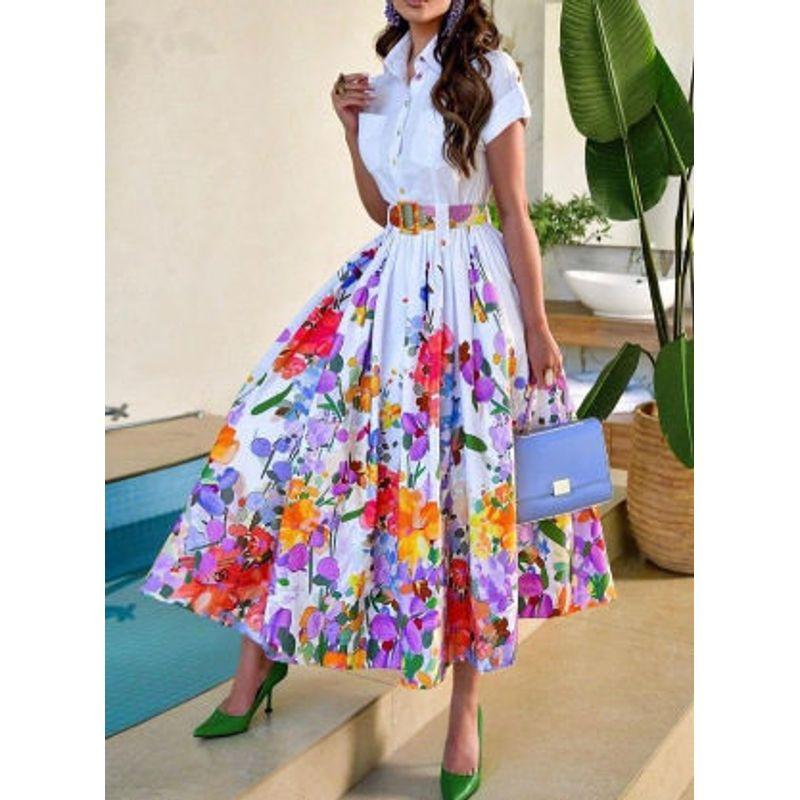 

2024 European and American Style Shirt Collar Flared Floral Print Short-Sleeve Buttoned Dress with Belt White M