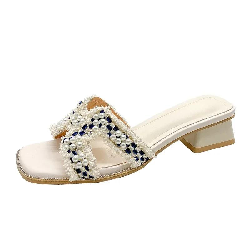 Fashion Women's Summer 2025 Hot Selling French Style New Korean Edition Versatile Open Toe Mid Heel Thick Heel Fairy Pearl Cool Slippers