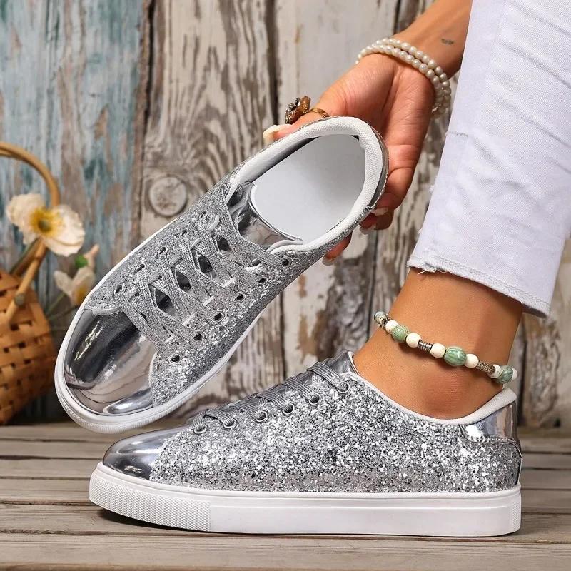 Fashion Women's Casual Sneakers Soft Sole Versatile New Round Toe Lace-Up Front Sequin Non-Slip Flat Single Shoes