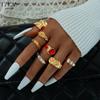 7 Piece Irregular Ruffled Gemstone Ring Set Gold Tone Fashion Jewelry Women Trendy Shiny Daily Party Accessory Decorative Gift