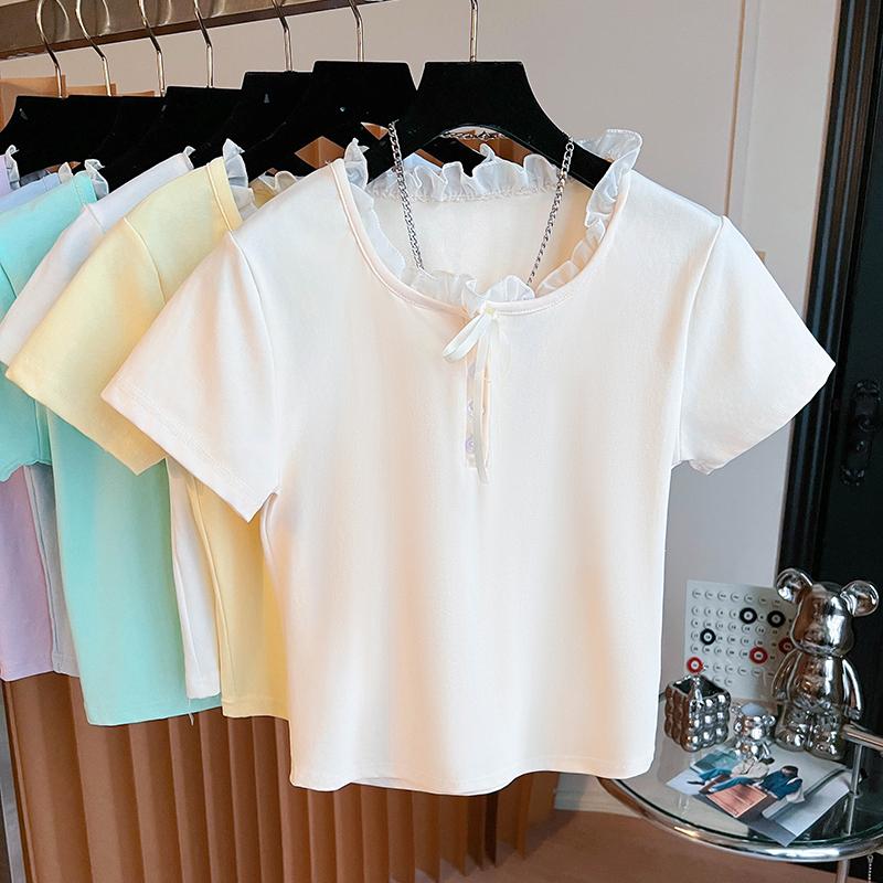 Női nyári rövid ujjú pólók koreai tiszta pamut egyszínű póló O nyakú csipke betétes crop top póló női alkalmi karcsúsított póló