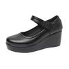 Round Head Waterproof Table Velcro Soft Leather Comfortable Shoes Spring Shallow Mouth Bevel Heel Thick Sole Muffin Single Shoes