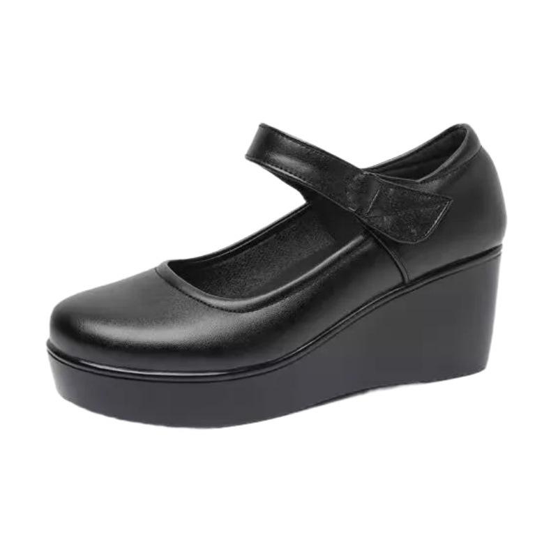 Round Head Waterproof Table Velcro Soft Leather Comfortable Shoes Spring Shallow Mouth Bevel Heel Thick Sole Muffin Single Shoes