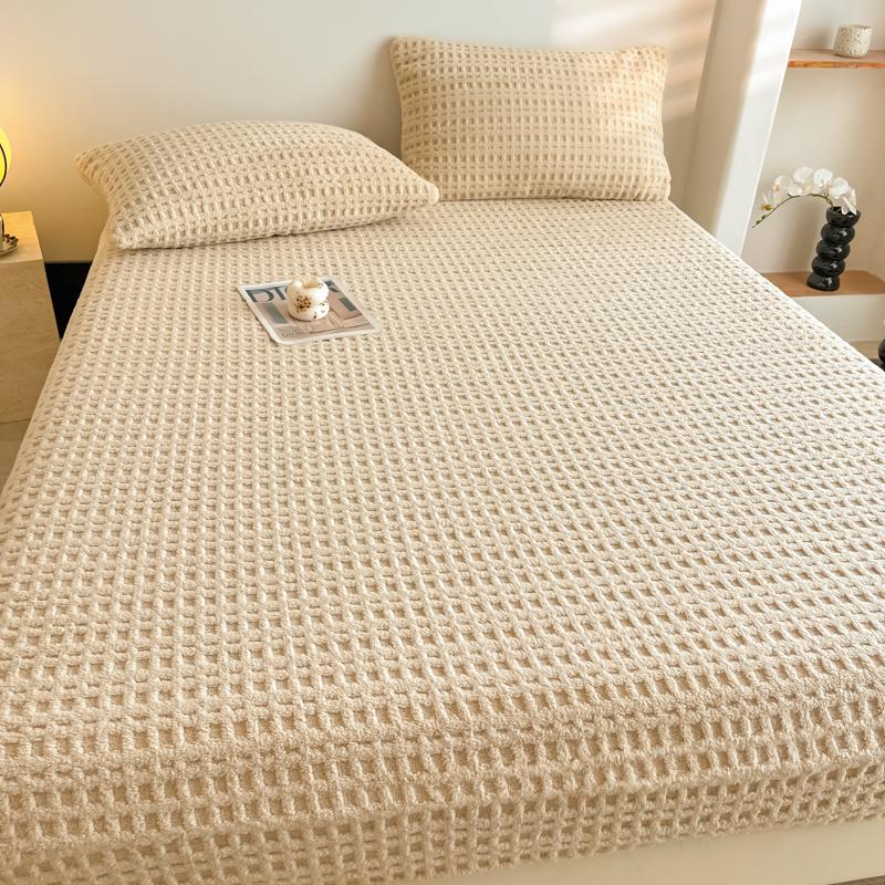 Solid Waffle Texture Fleece Fitted Sheet Autumn Winter Warm Mattress Protector Single Double Size Soft Bed Sheet with Pillowcase