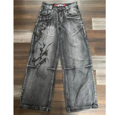 American Harajuku Vintage Print Jeans Y2K Men Washed Gray Straight Pants Street Gothic Loose Unisex Trousers Tide