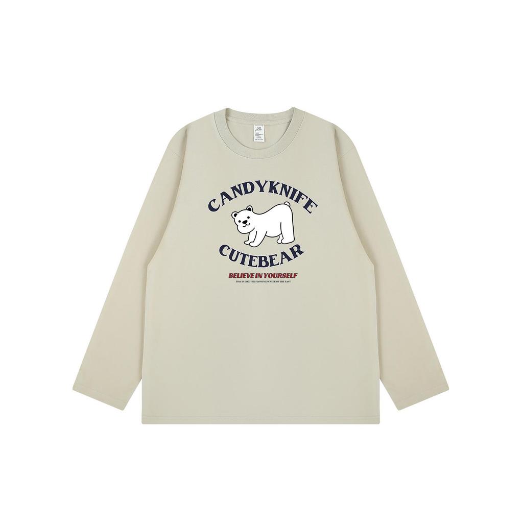 Korean INS Style Cartoon Print Couple Long Sleeve T-Shirt - Autumn/Winter, Pure Cotton, Loose Fit, Round Neck Top