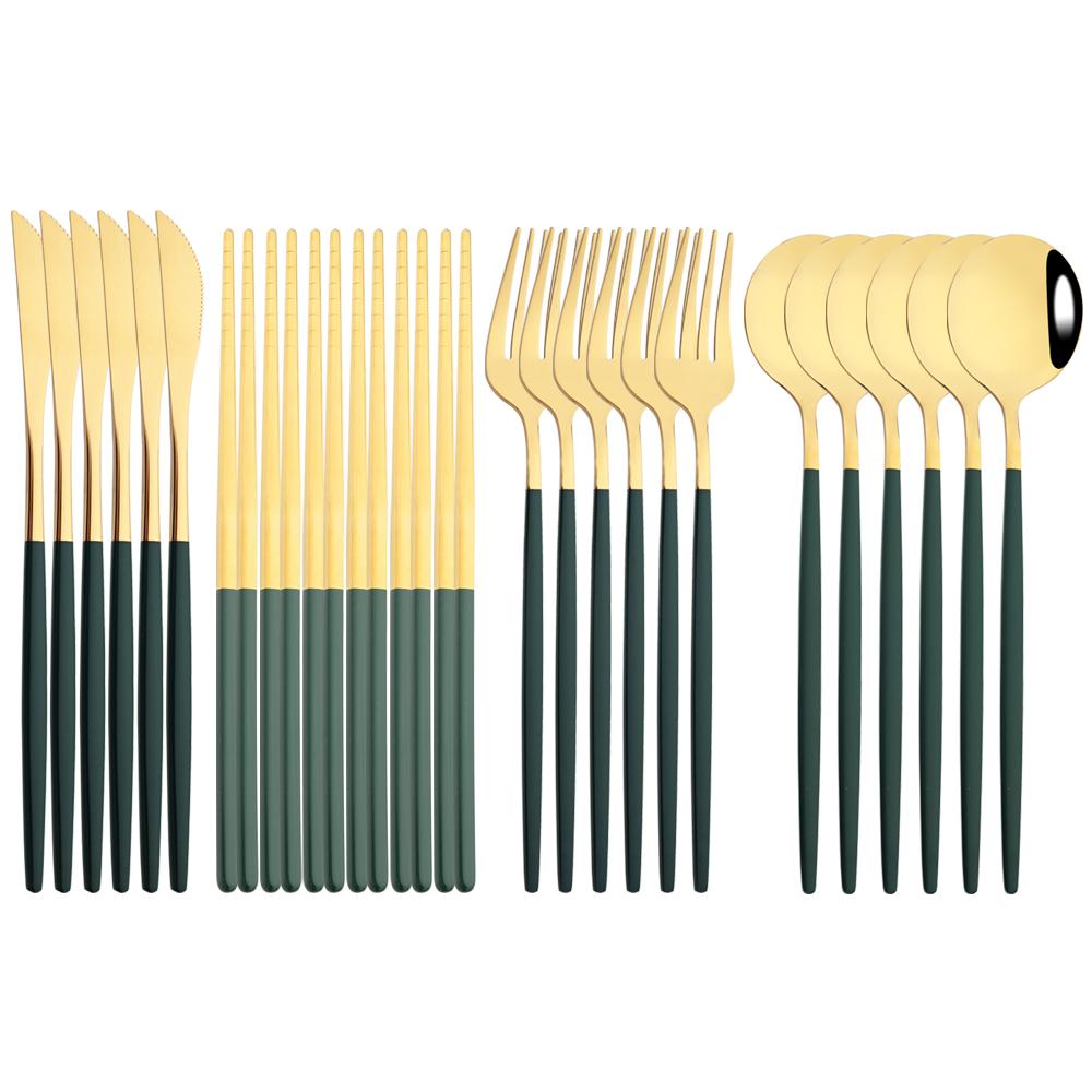 Luxury Chopsticks Knife Fork Spoon Cutlery Set 18/24 Pcs White Gold Dinnerware Set Stainless Steel Flatware Korean Tableware Set