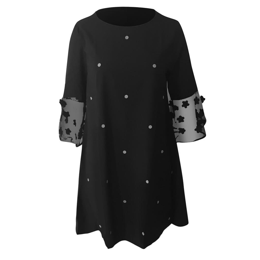 Fashion Women Sexy Wave Solid Point  Spliced Hollow Out Long Sleeve Dress