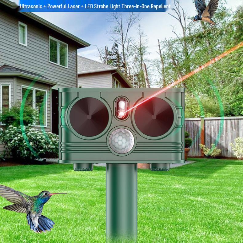 

Ультразвуковой солнечный отпугиватель животных 2024 года со светодиодом и мощным лазером для использования на открытом воздухе Solar + USB оливковое зеленый