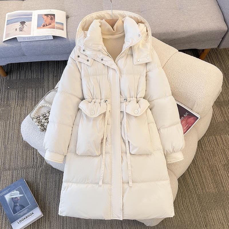 Daunenjacke Damen Winter Neuer Stil Lang Knielang Baumwolljacke mit Taille und Verdickte Baumwolljacke