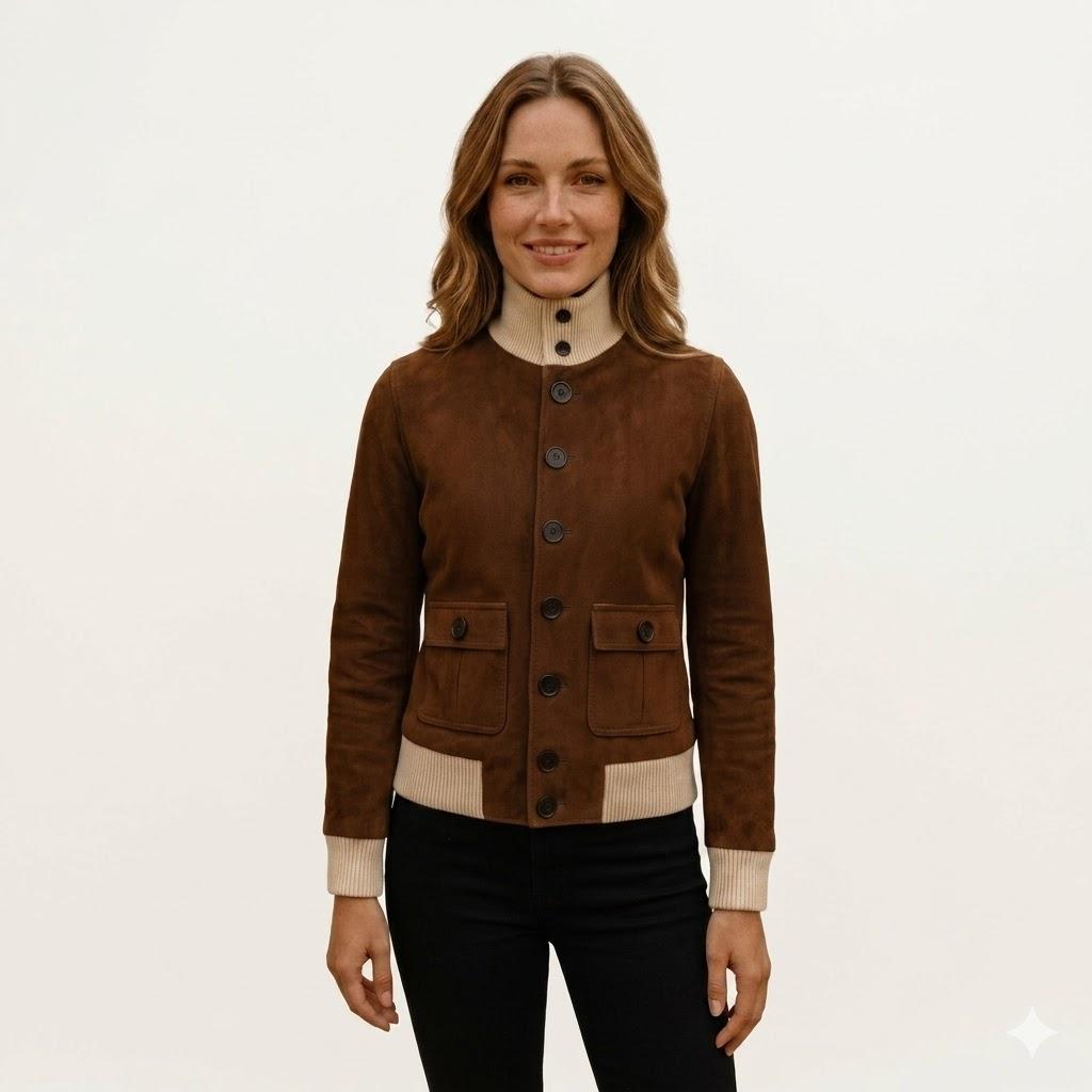Stylish Bomber Brown Suede Lambskin Leather Jacket Genuine Fit Women s Handmade S коричневый