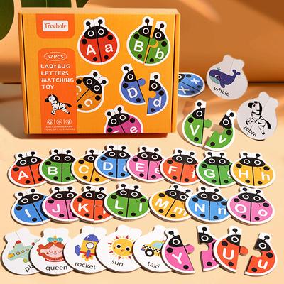 Wooden Ladybug Alphabet Matching Puzzle Double Sided Cards Words Letters Learning Toy Interactive Tabletop Game