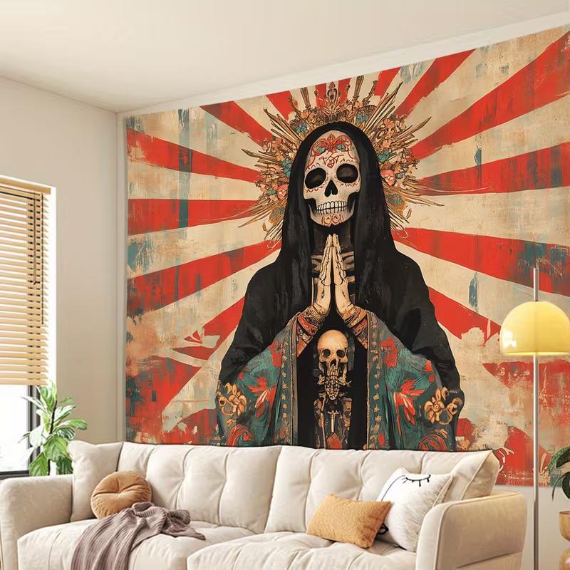 2D Holy Death Skull Tapestry Retro Mexican Aesthetic Background Cloth