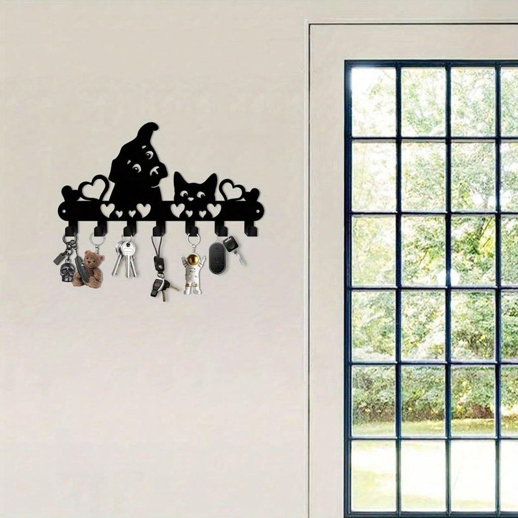 Metal Cat Dog Key Hooks 7 Hooks Decorative Wall Mounted Entryway Decor