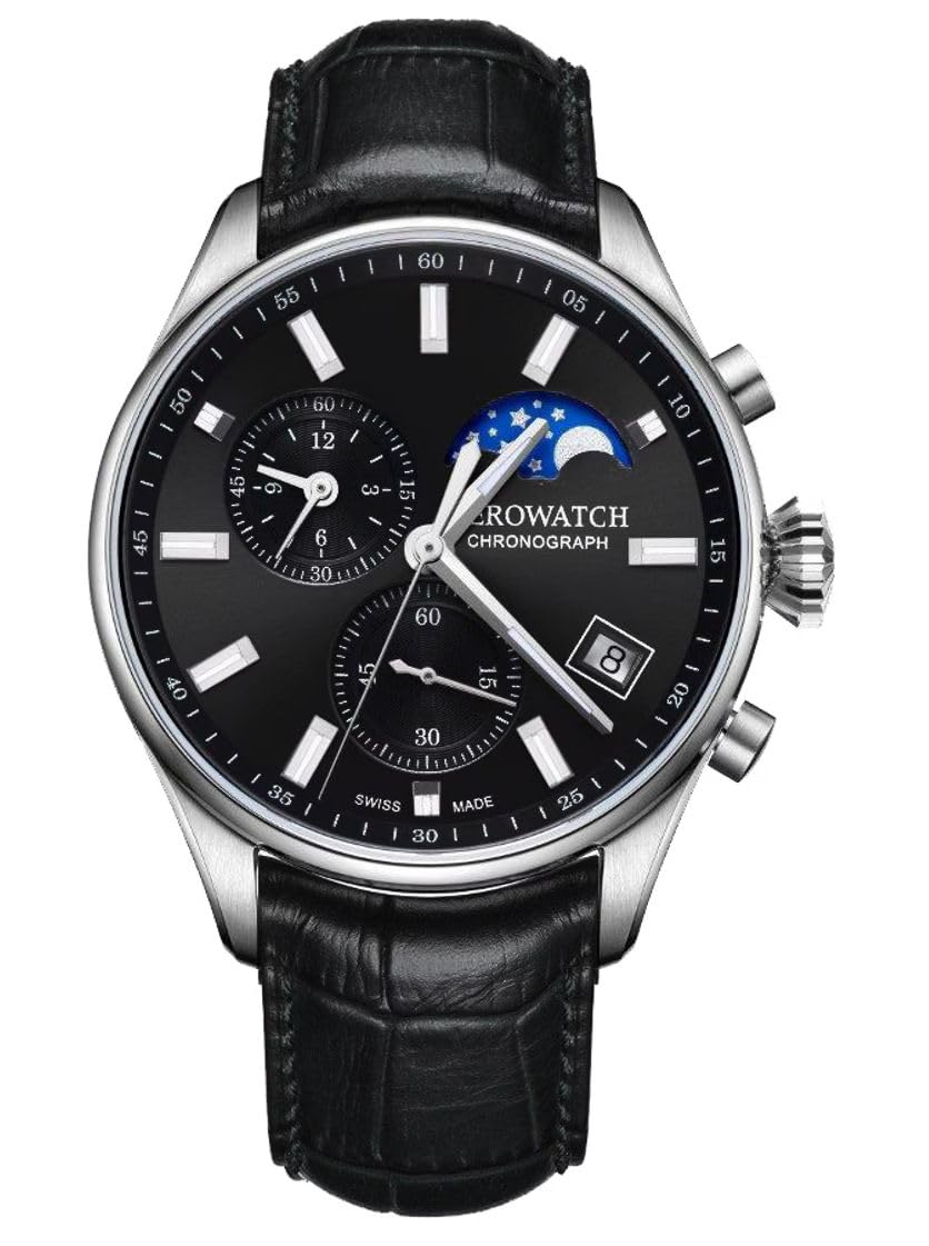 

Aerowatch A78990 AA08 Moon Phase Chronograph Date Swiss Black Men s Watch, Made, чорний