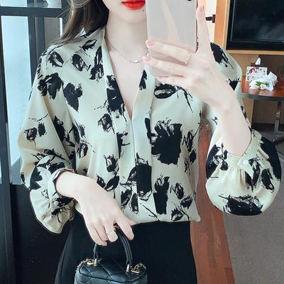 Ink Printed Lantern Sleeve Retro Loose Women's Shirts Tops Fashion Elegant V Neck Slim Fit Casual Blouse Women Simple Spring Office Ladies Shirt 26348
