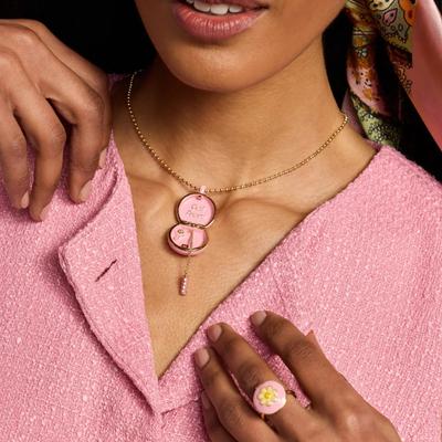 Rosa Schatzkiste Öffnen und Schließen Anhänger Rosa Glasur Runde Schachtel Kleiner Blumenring Goldperlenkette Halskette Geschenk