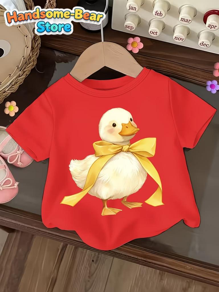 Cute Bow Duck Print Short-Sleeved T-Shirt for Girls Soft Round Neck Top Fashion Loose Summer Gift for Girls Casual Girl Clothes