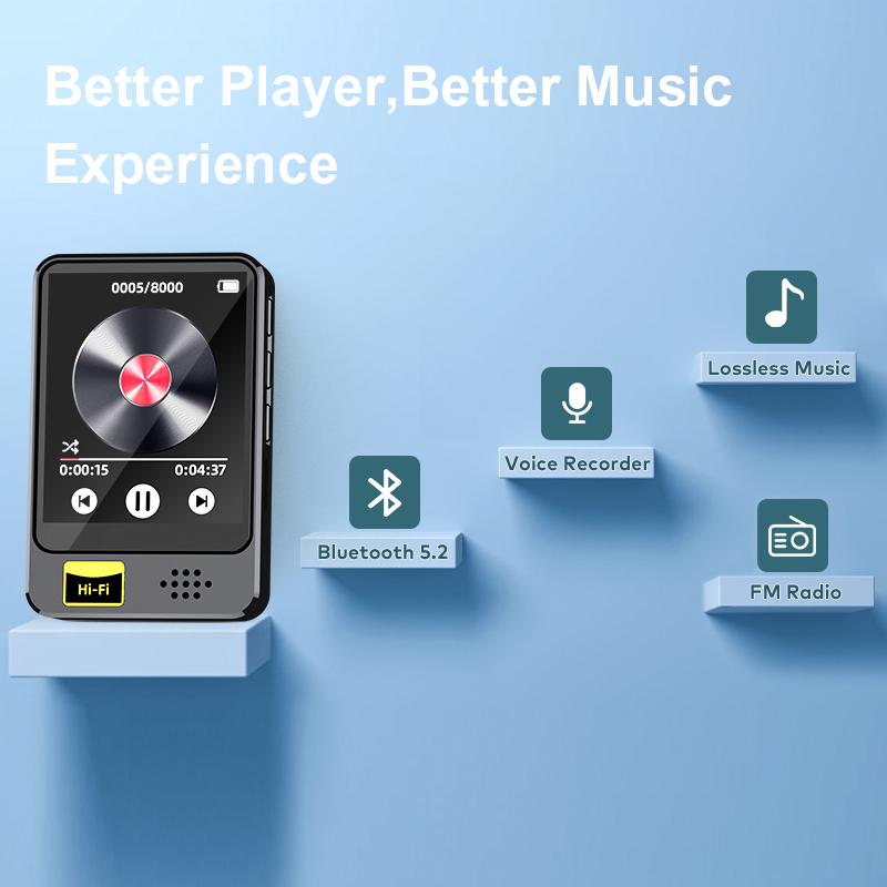 Bluetooth 5.2 MP3 MP4 Player 1.77inch Touch Screen Walkman Player Built-in HD Speaker with 3.5mm Earphone with E-book/FM Radio