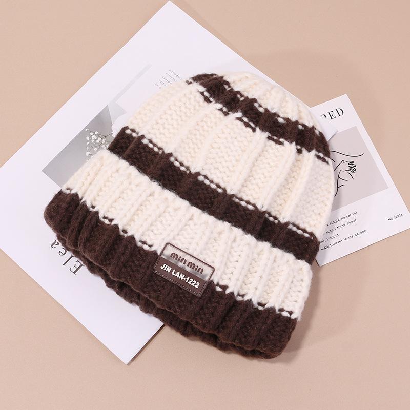 Autumn and Winter Striped Color-blocking Hat for Women Versatile Wool Hat Ear Protection Warm Pullover Hat Outdoor Riding Cold Proof Knitted Hat