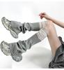 Japanese Style Mesh Patchwork Flared Leg Warmers - Light Gray Knit & White Ruched Tube Socks