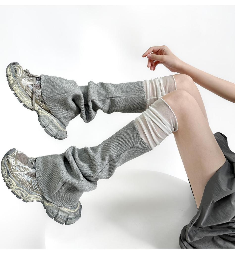 Japanese Style Mesh Patchwork Flared Leg Warmers - Light Gray Knit & White Ruched Tube Socks