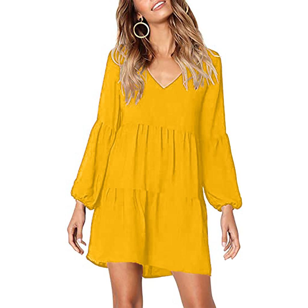 Cheap Women Fashion Color Loose Dress Long Sleeve V-Neck Dress | Joom