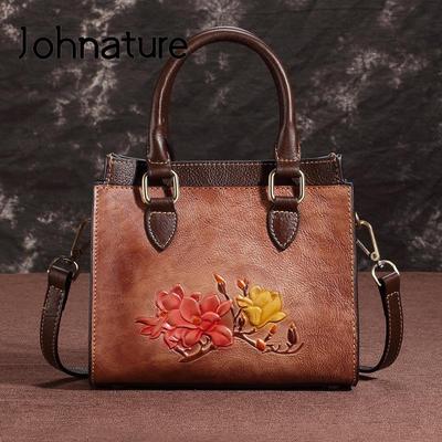 Genuine Leather Vintage Women Bag Handmade Embossing Luxury Handbag Natural Cowhide Shoulder & Crossbody Bags