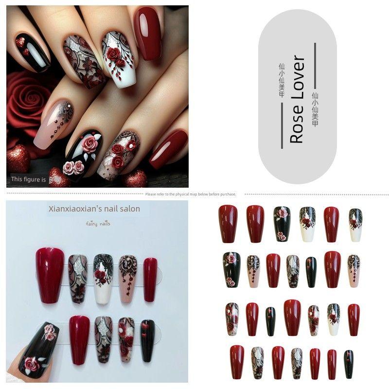 

Rose Flower Wear Armor Valentine s Day Elegant Elegance Chinese Style Nail Stickers Finished Product Mid-Length Trapezoid Fake Nail Tip 154-Rose Lover