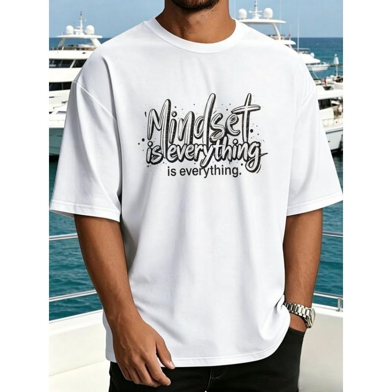 European Size Men Graphic Tee, Mindset is Everything Vintage Typography Print, Streetwear Casual Short Sleeve Shirt for Spring Summer S белый