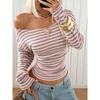 Nuova T-shirt a righe a maniche lunghe da donna, con scollo rotondo, spalle scoperte e vita stretta, top a tracolla per Europa America
