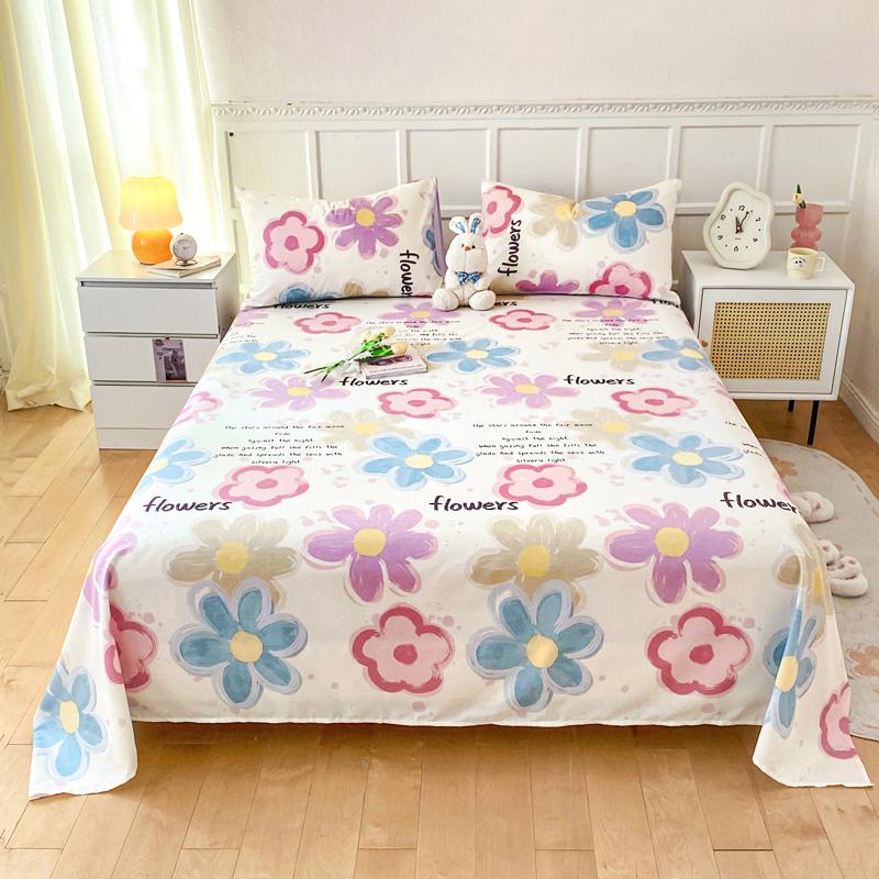 Cute Bear 100% Cotton Bed Sheet Set Plaid Pattern Cartoon Theme Flat Sheets with 2 Pillowcases Breathable Soft Bedding Set
