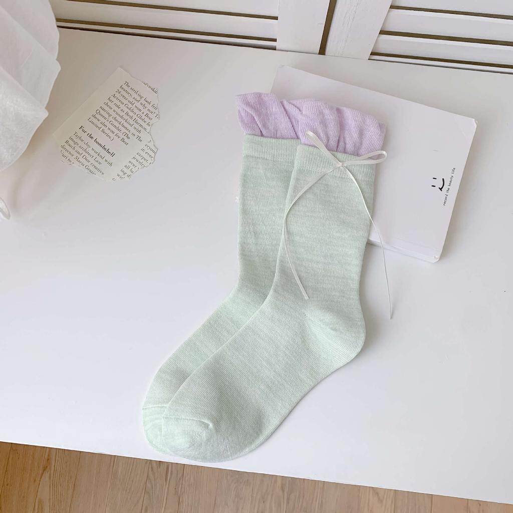 Ballet Style Sweet Flower Bud Socks Fake Two Pieces Of Color-Blocked Bow Stack Socks Cute Girl Versatile Socks