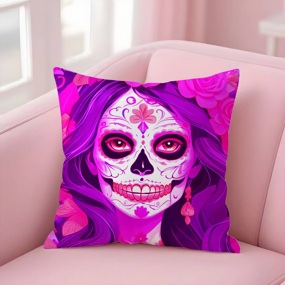 Poszewka na poduszkę Dziewczyna Cukrowa Czaszka Halloween Krótki plusz Dwustronny nadruk Kwadratowe poszewki na poduszki dekoracyjne Sofa Domowa Dekoracja poduszką