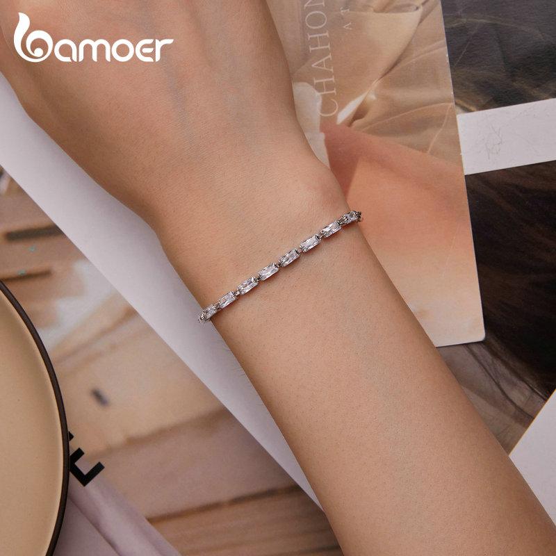 Bamoer 925 Silver Square Zircon Tennis Bracelet Chain Splice Bracelet for Women Valentine's Day Gift Jewelry BSB101