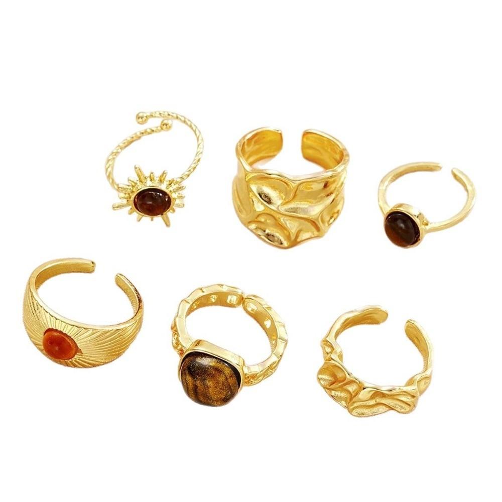 Tiger Eye Inlaid Crystal Ring Set Gold Plated Finger Open Rings Set New Geometric Rings Set Women